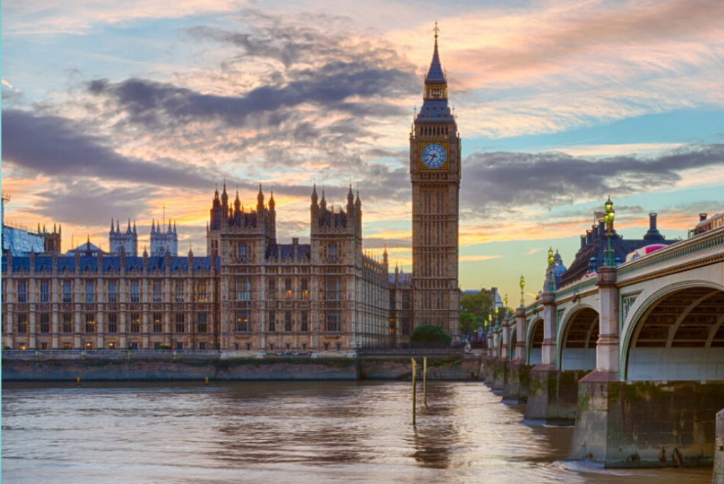 The sun setting over Big Ben and the houses of parliament in London