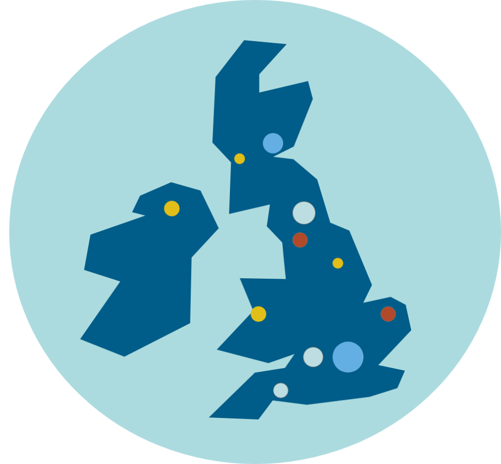 Icon map of the UK with hotspots for sustainable protein in the UK