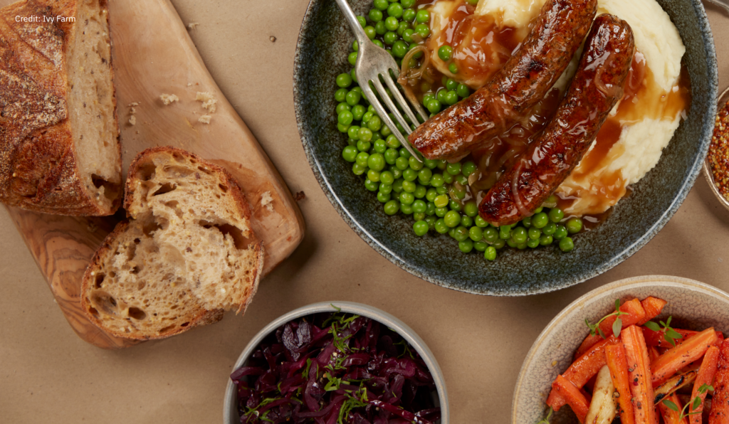 Sausage and mash from Ivy Farm, a cultivated meat company making alternative protein in the uk