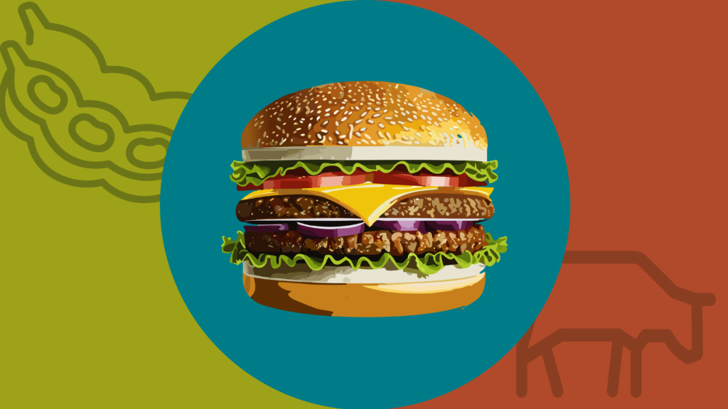 ultra-processed plant based meat has very different health profiles from processed meat from animals. a burger superimposed over a icons of a soybean and a cow