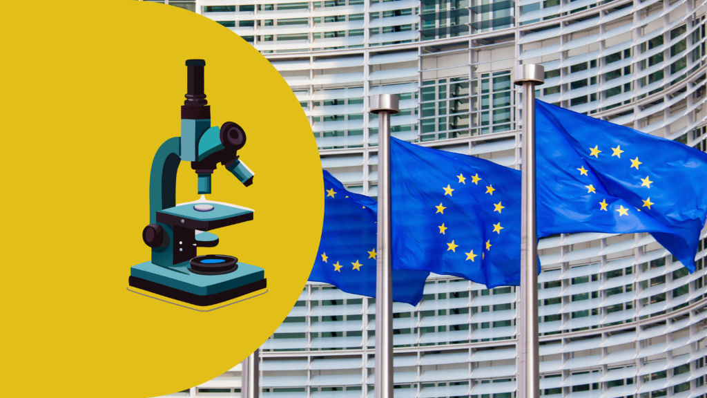 Horizon Europe funding calls 2024 are a good opportunity for alternative protein researchers. Image of a microscope in front of flags outside the European commission. 