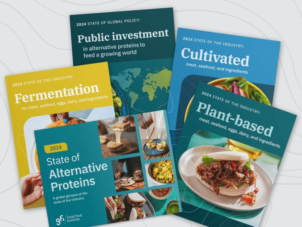Images showing the front covers of the 2025 state of alternative proteins series from the Good Food Institute