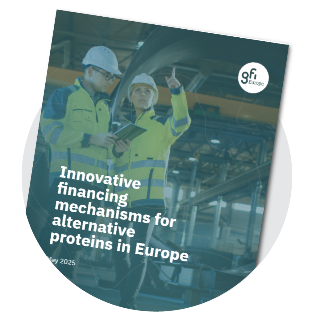 Innovative financing mechanisms for alternative proteins in Europe cover, showing two people surveying an infrastructure project