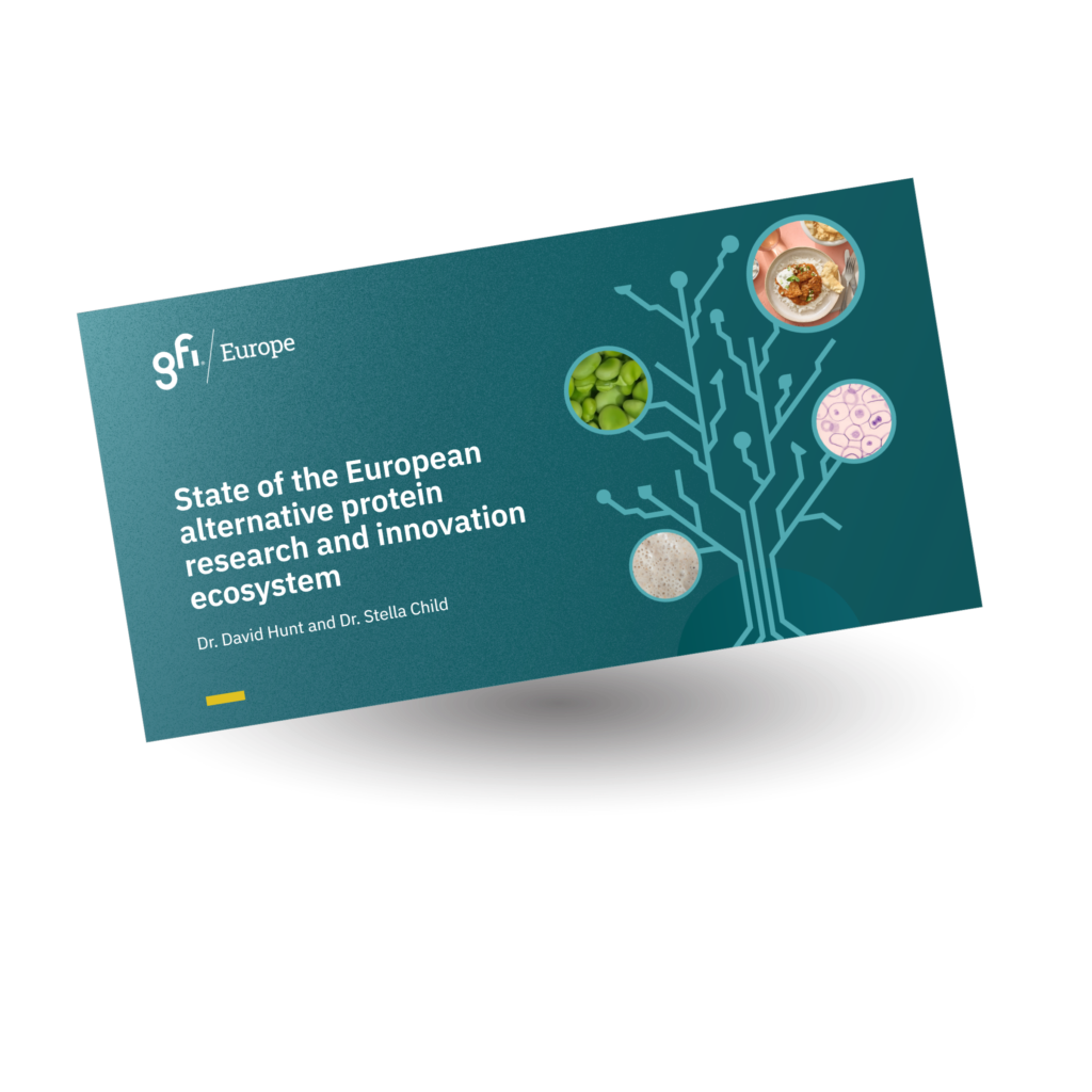 Front cover of the report State of the European alternative protein research ecosystem: funding, publications and patents. 