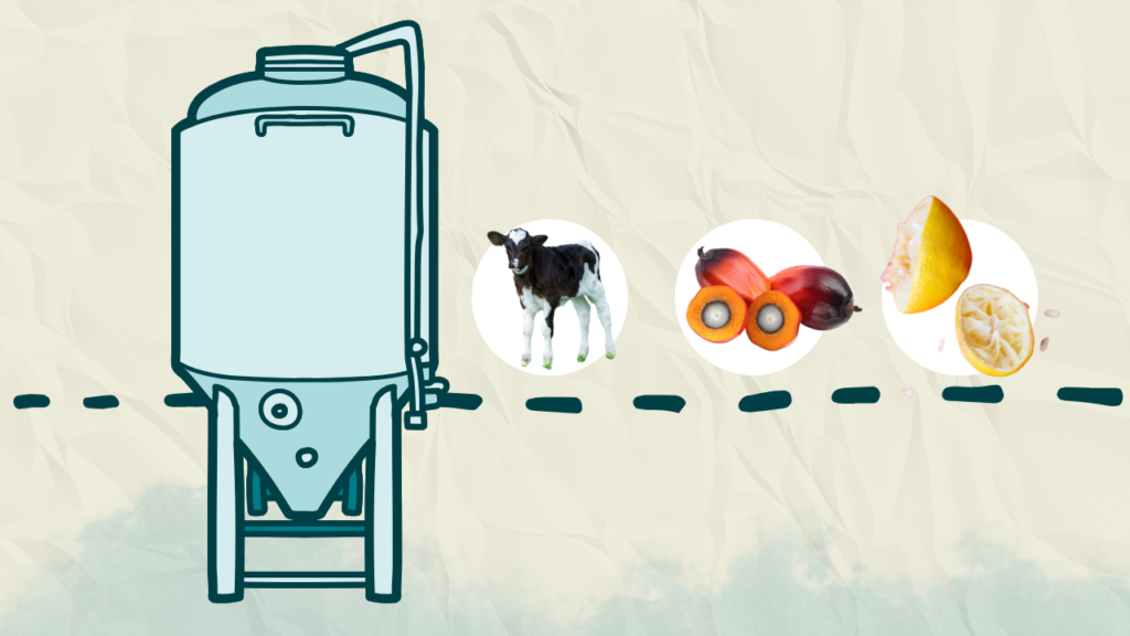 An illustration showing a fermentor and the different ingredients that can be made using precision fermentation, with a calf representing rennet, palm oil, and lemons representing citric acid. 