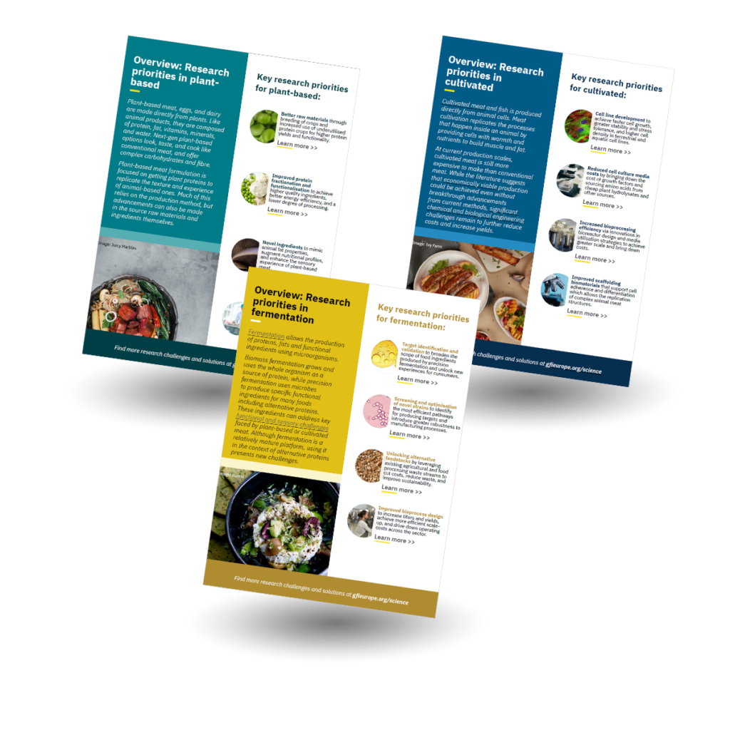 Front covers of research priorities overview resources from GFI Europe, looking at plant-based, fermentation and cultivated meat